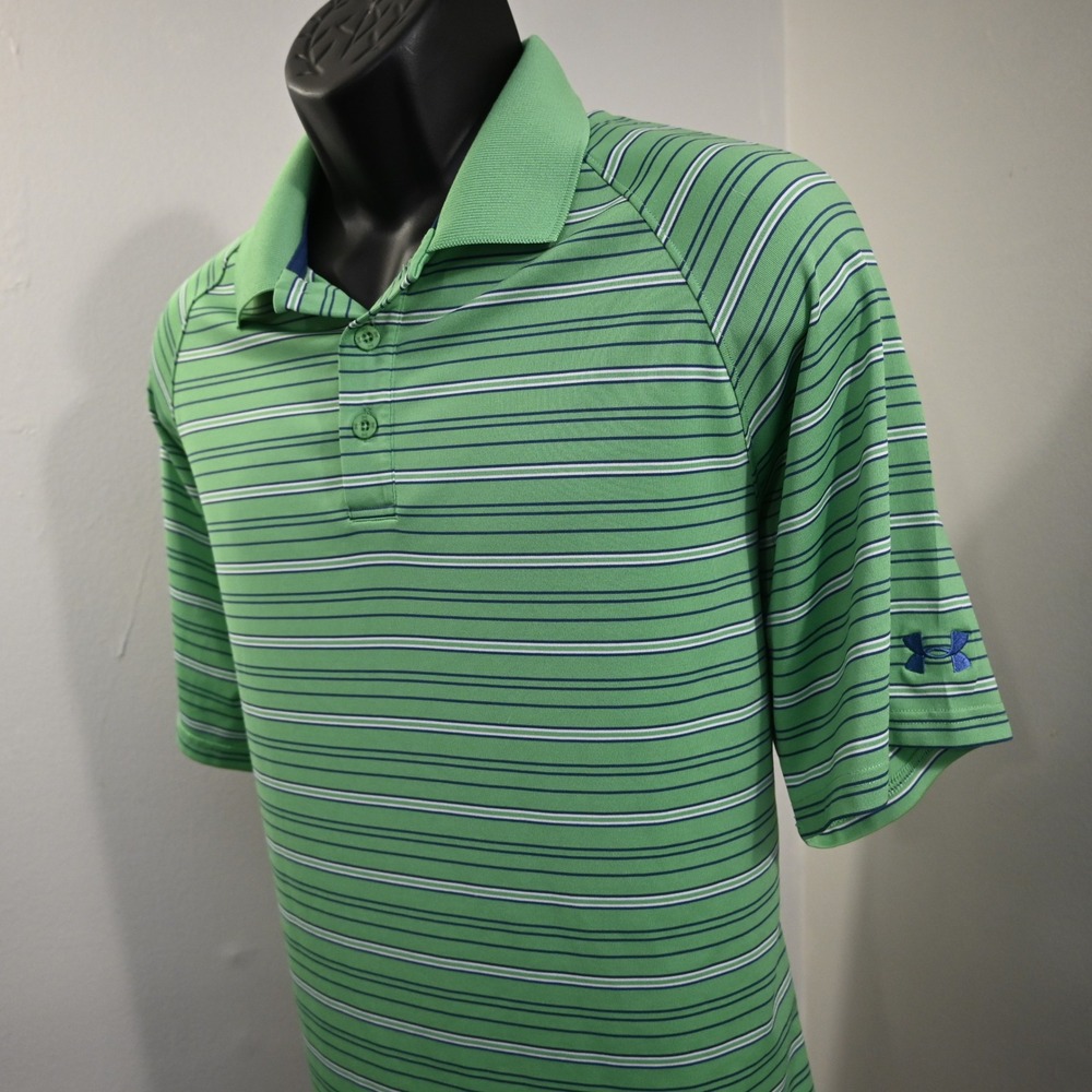 Under Armour Polo Mens Large Loose Green Striped Performance Golf Shirt